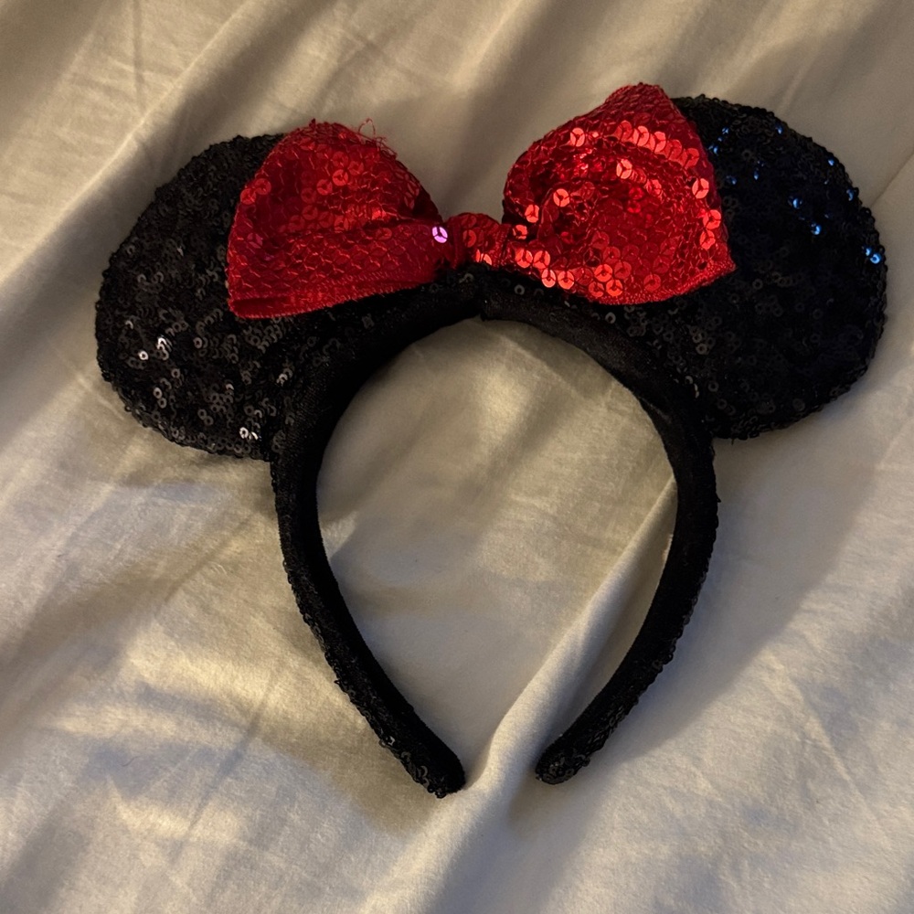Disney Black Sequin Mouse Ears with Red Bow